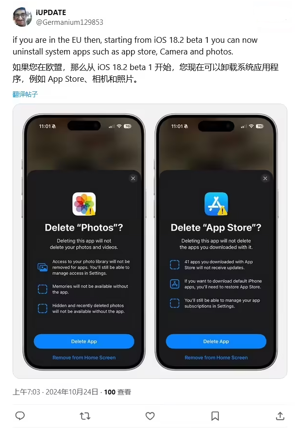 瑞金苹果手机维修分享iOS 18.2 支持删除 App Store 应用商店 