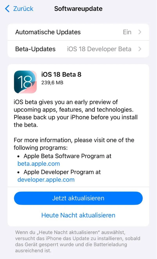 瑞金苹果手机维修分享苹果 iOS / iPadOS 18 开发者预览版 Beta 8 发布 